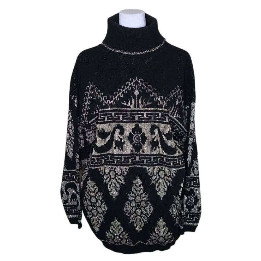 Rose Vintage 80s Turtleneck Sweater Womens Size XL Black and Gold